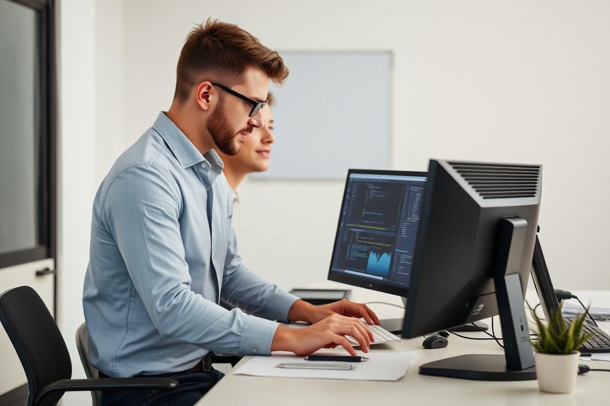 Zwei Kollegen richten gemeinsam einen digitalen Arbeitsablauf am Rechner ein – KI Agenten erstellen