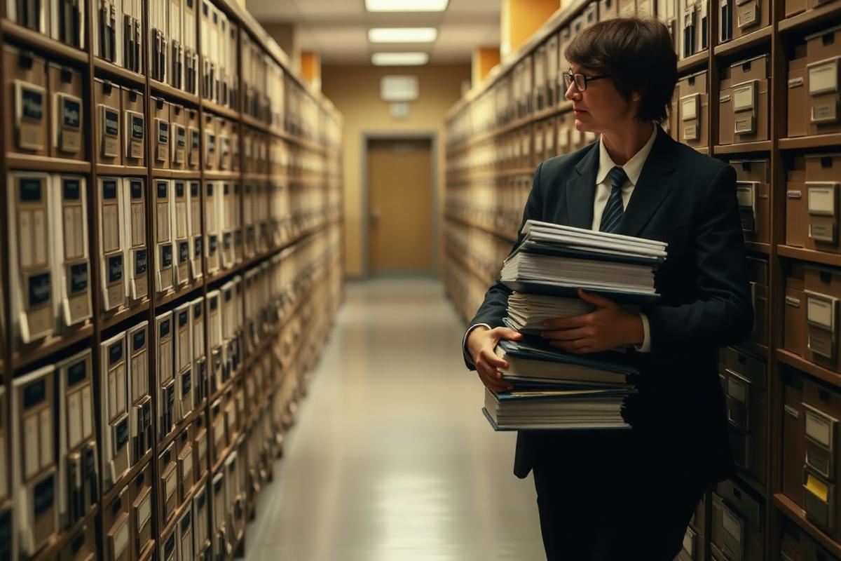 Mitarbeiterin trägt Aktenstapel durch das Archiv einer Kanzlei – KI Anwaltskanzlei