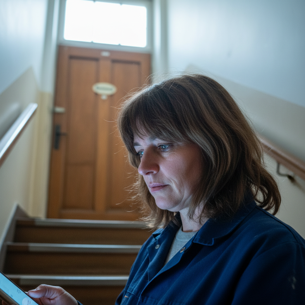 Eine Frau in einem blauen Arbeitskittel steht in einem Treppenhaus und schaut konzentriert auf ihr Smartphone. – Was ist ein KI-Assistent