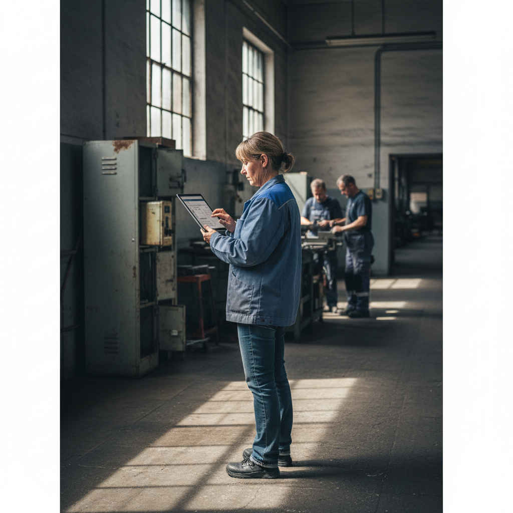 Facharbeiterin im blauen Kittel bedient in einer Industriehalle konzentriert ein Tablet. Im Hintergrund weitere Arbeiter. – KI-Mitarbeiter bekommen