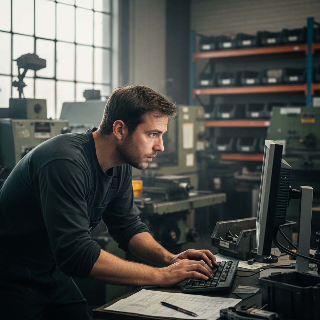 Ein Facharbeiter in einer Werkshalle tippt konzentriert an einem Computer, im Hintergrund stehen Industriemaschinen. – KI-Agenten für Unternehmen