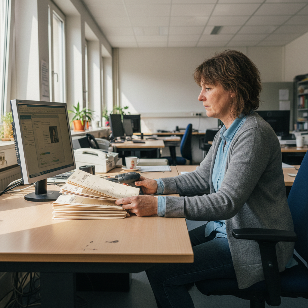 Buchhaltung sortiert Belege am Schreibtisch – KI Buchhaltung