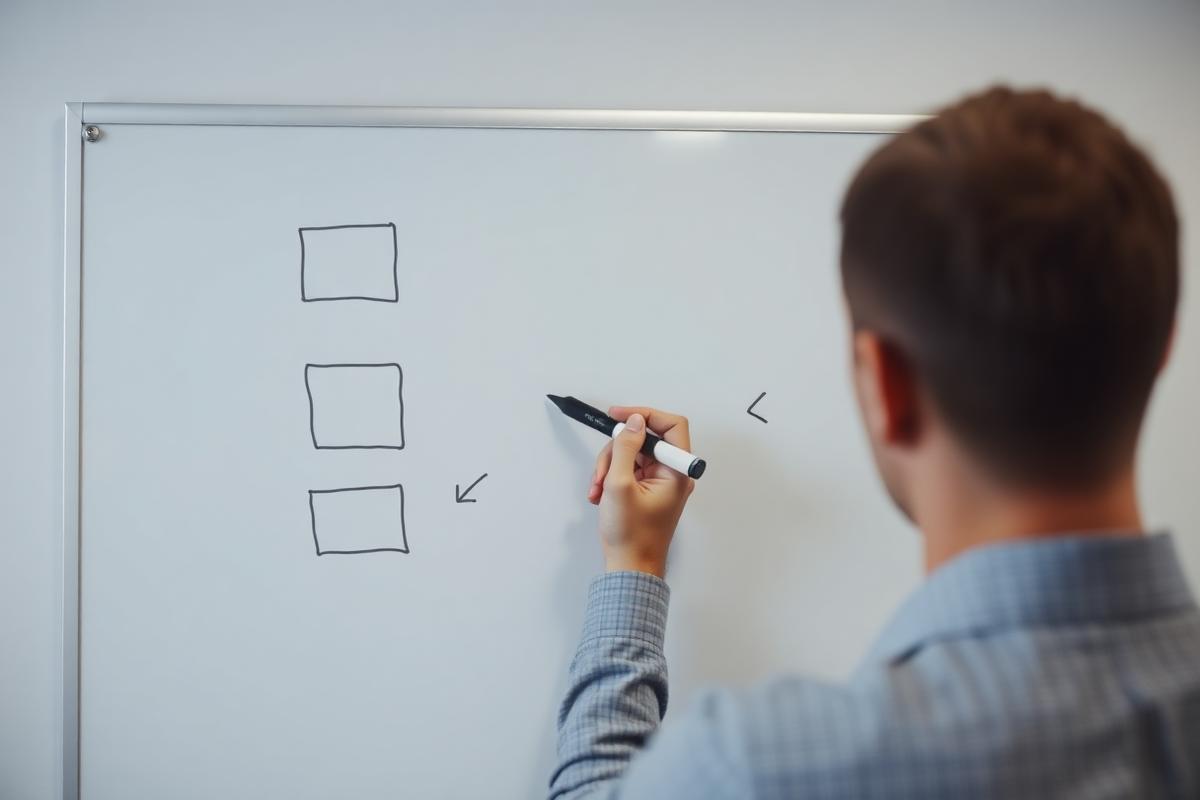 Mitarbeiter zeichnet einen einfachen Ablauf am Whiteboard – KI Einführung Unternehmen