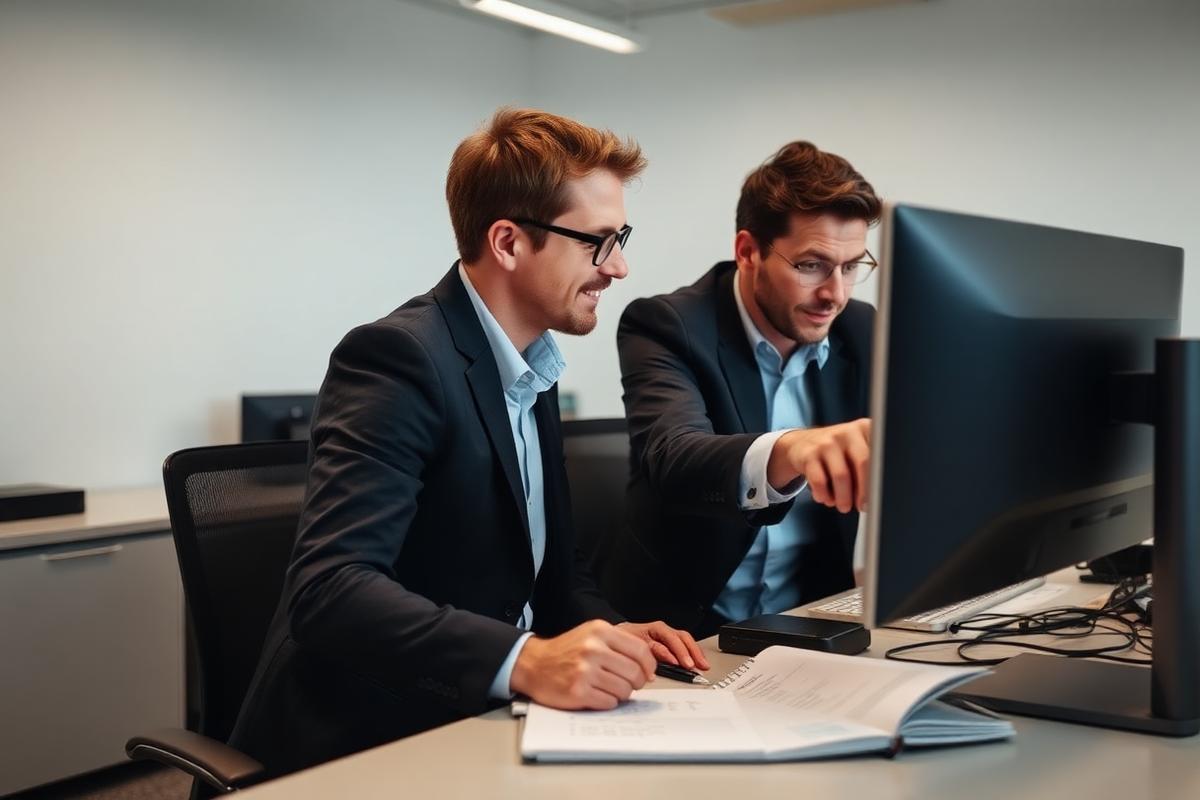 Zwei Kollegen richten Schritt für Schritt eine Software ein – KI Mitarbeiter einrichten