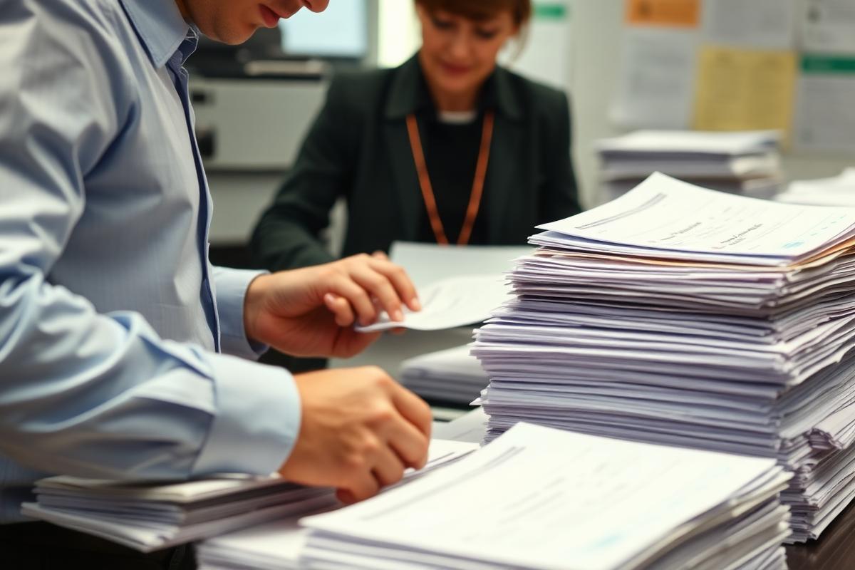 Zwei Mitarbeiter sortieren Formulare und Papierstapel im Büro – Geschäftsprozesse automatisieren