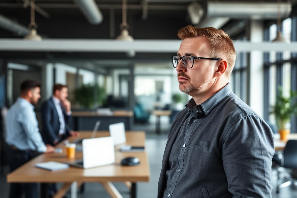 Geschäftsführer beobachtet die Arbeit seines Teams im Großraumbüro – KI Manager
