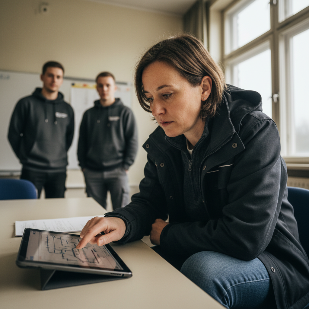 Mitarbeitende schauen bei einer internen Schulung gemeinsam auf einen Laptop – KI Schulung Mitarbeiter