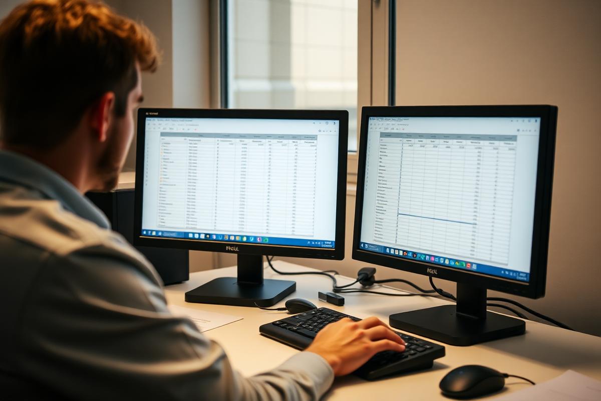 Arbeitsplatz mit zwei Monitoren und Auswertungen in der Verwaltung – KI Software