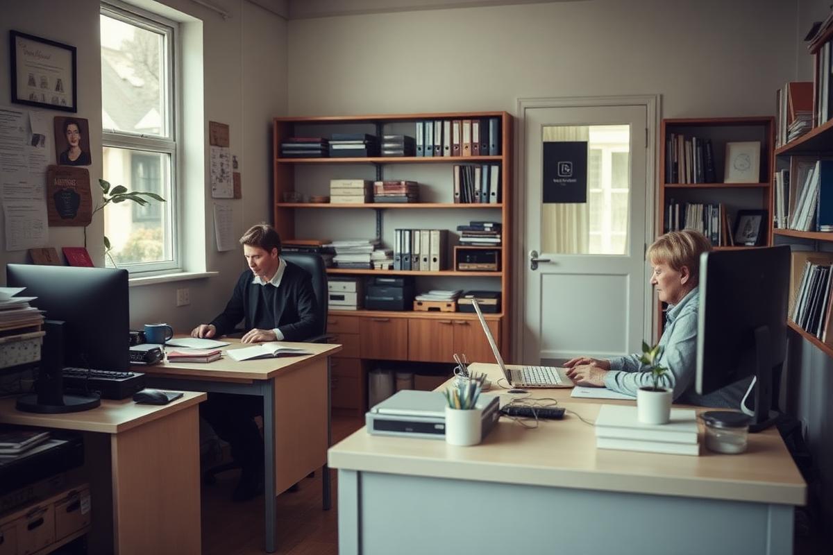 Inhaber eines kleinen Betriebs im Büro neben der Werkstatt – KI für kleine Unternehmen
