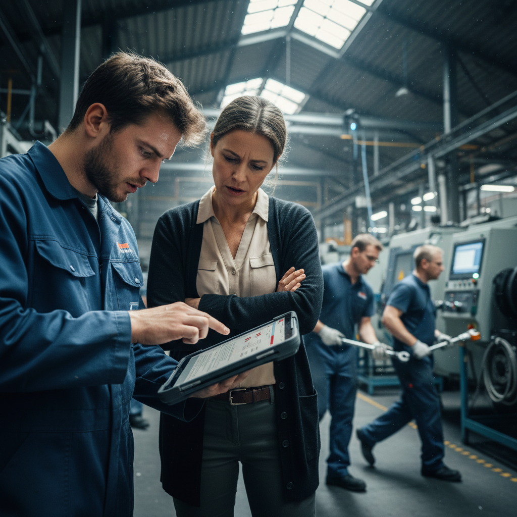 Ein Arbeiter im Blaumann zeigt einer besorgten Managerin in einer Fabrikhalle ein Problem auf einem Tablet-Computer. – Automatisierung vs KI