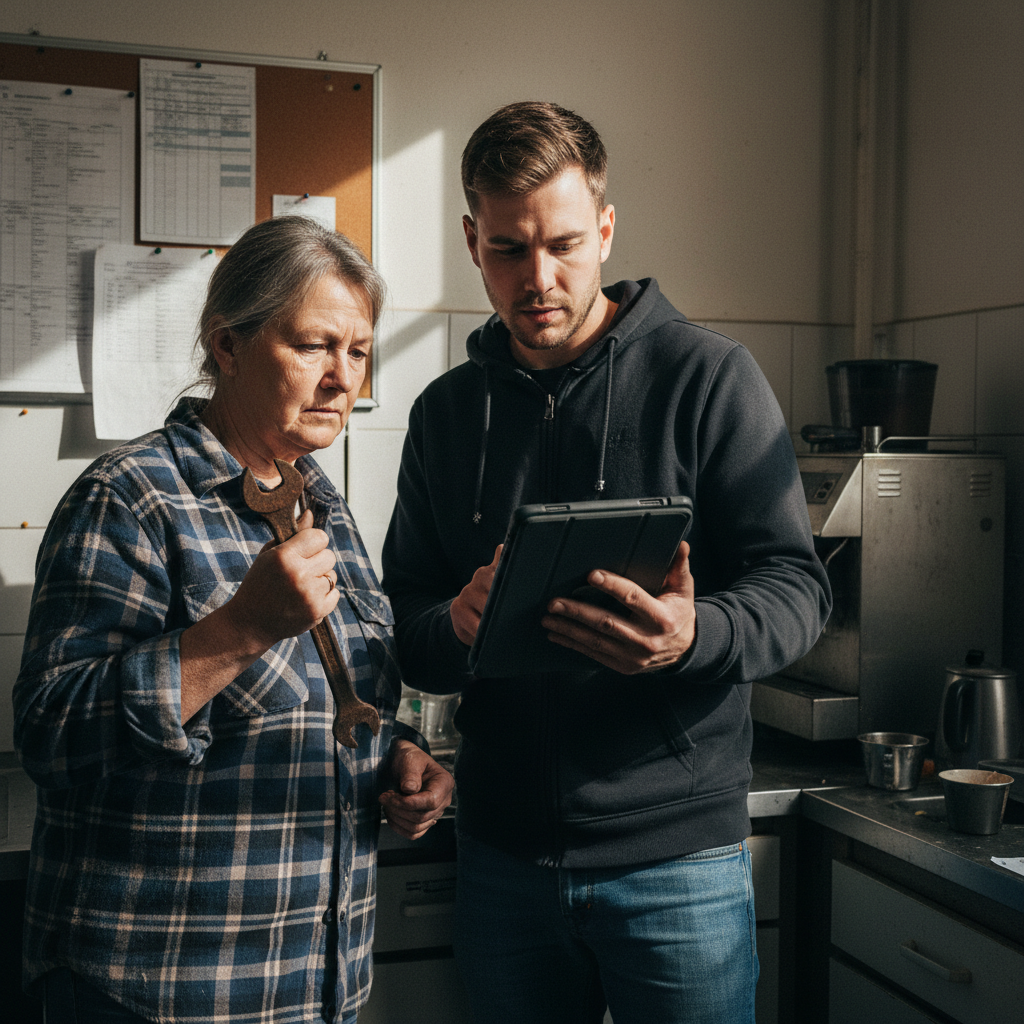 Junger Mann zeigt älterer Handwerkerin mit Schraubenschlüssel in einer Werkstatt etwas auf einem Tablet. – KI Manager Weiterbildung