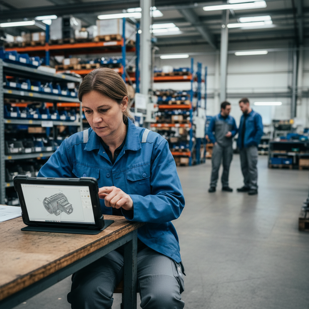 Mitarbeiterin im Blaumann in einer Werkshalle betrachtet konzentriert ein 3D-Modell auf einem Tablet. – KI-Mitarbeiter Maschinenbau