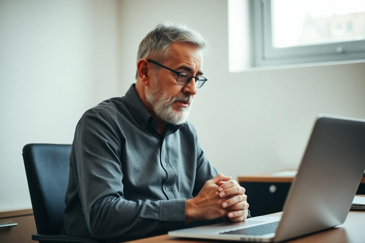 Älterer Unternehmer sitzt nachdenklich vor seinem Laptop – KI ohne Vorkenntnisse
