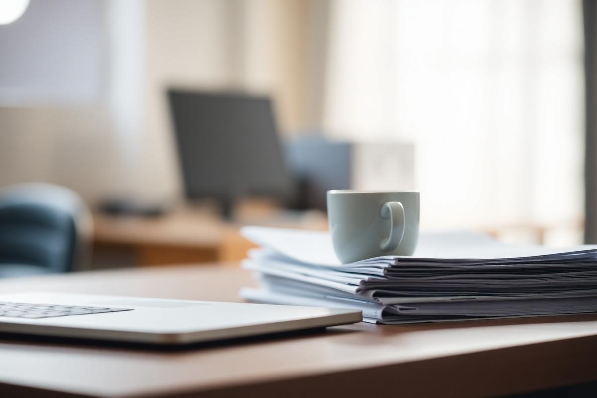Laptop, Kaffee und Unterlagen auf einem Schreibtisch im Morgenlicht – KI Pilotprojekt in 30 Tagen
