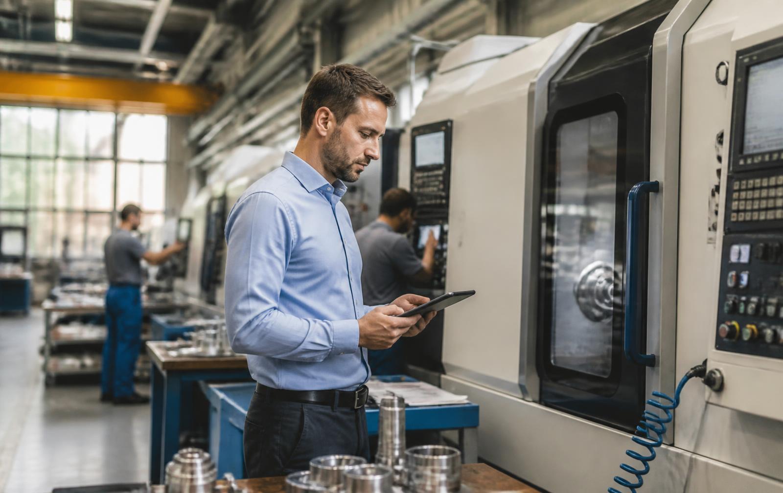Produktionsplaner in einer Fertigungshalle – KI Produktion Maschinenbau