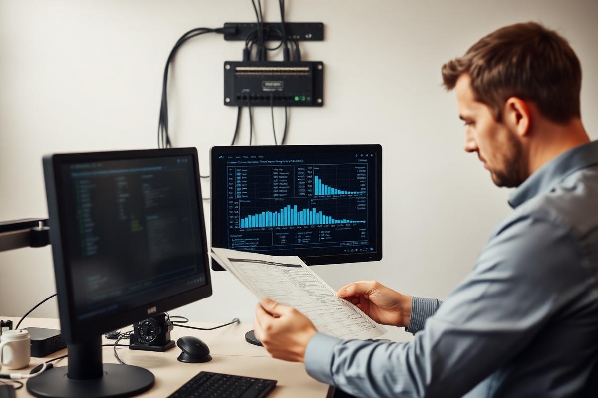Arbeitsplatz mit Monitoren und Netzwerktechnik im Hintergrund – KI Schnittstelle ERP