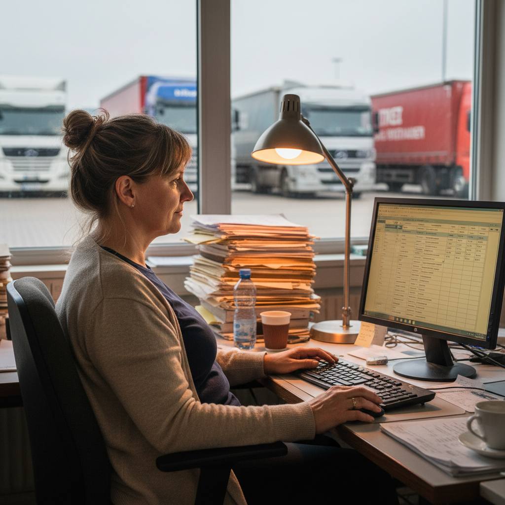 Disponentin im Büro einer Spedition arbeitet am Computer, neben ihr hohe Aktenstapel, draußen stehen Lkw. – KI-Mitarbeiter Spedition