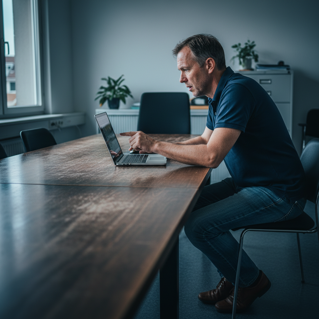 Konzentrierter Mann im Büro, der an einem langen Holztisch sitzt und mit dem Finger auf den Bildschirm eines Laptops zeigt. – KI-Mitarbeiter Software bedienen