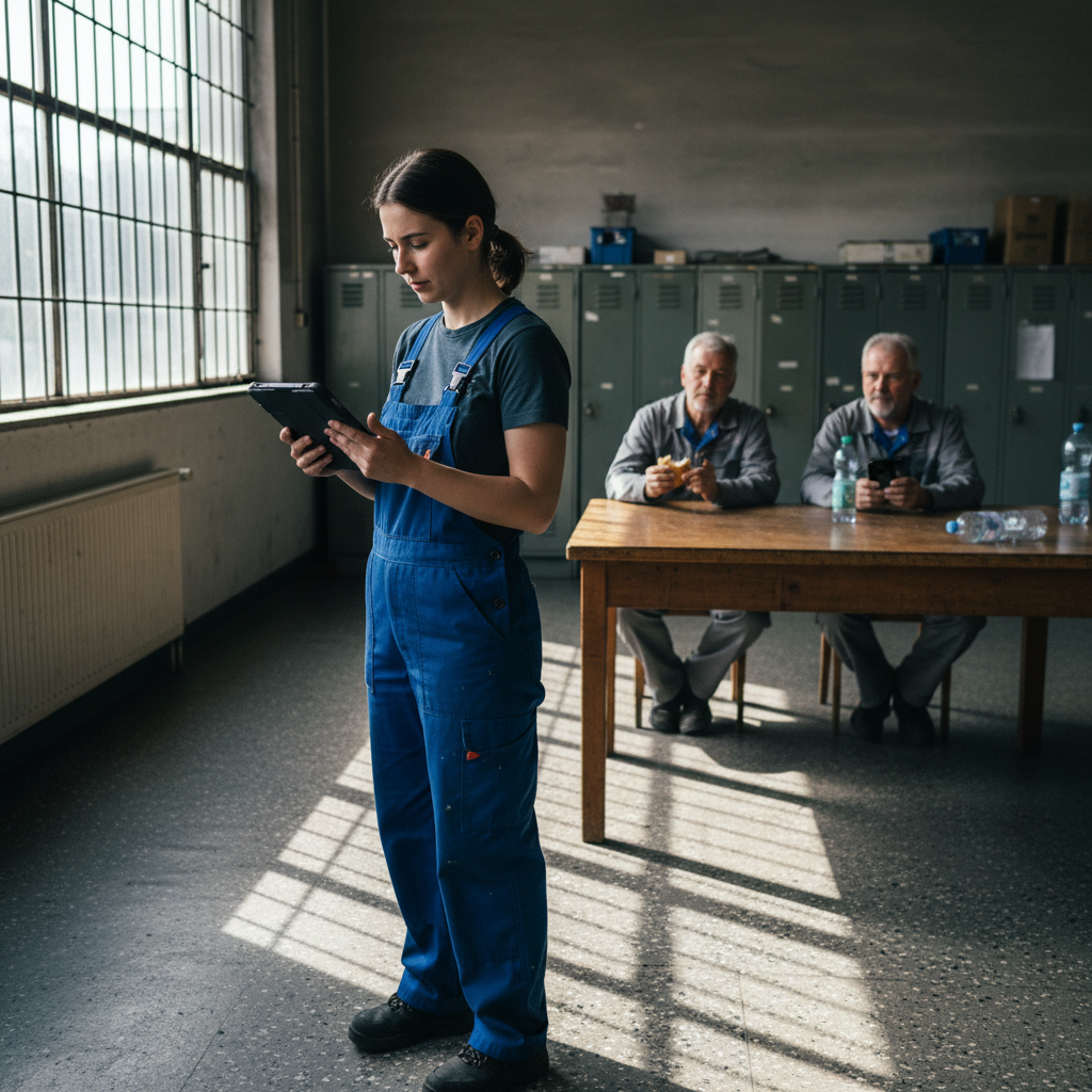 Junge Arbeiterin in Latzhose blickt auf ein Tablet, im Hintergrund zwei ältere Kollegen im Pausenraum einer Fabrikhalle. – KI Einführung