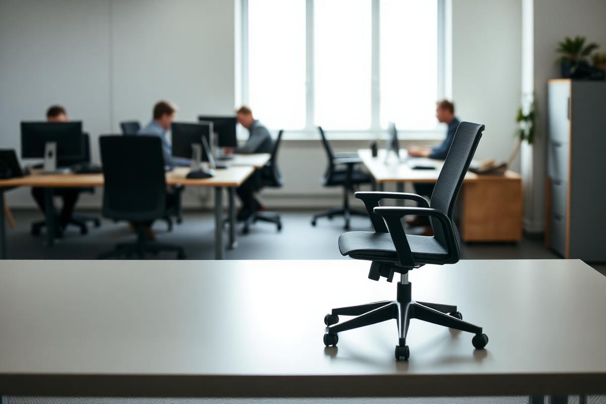Leerer Arbeitsplatz in einem Büro mit arbeitenden Kollegen im Hintergrund – KI statt neue Stelle besetzen