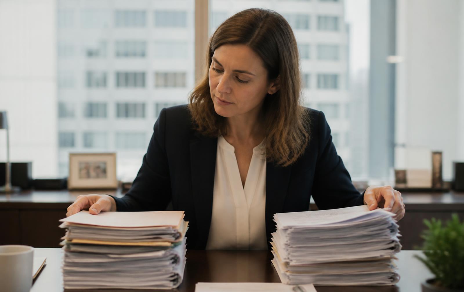 Unternehmerin wägt zwei Aktenstapel am Schreibtisch ab – KI Lösungen für Unternehmen
