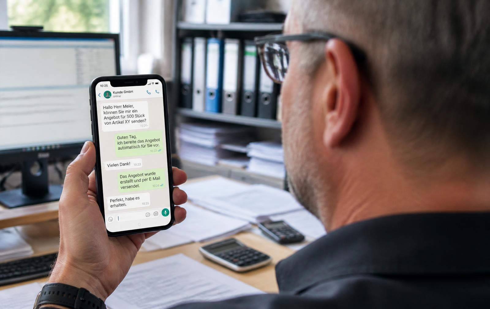 Geschäftsführer beantwortet eine Nachricht seines KI-Mitarbeiters am Smartphone – KI Agent vs Chatbot