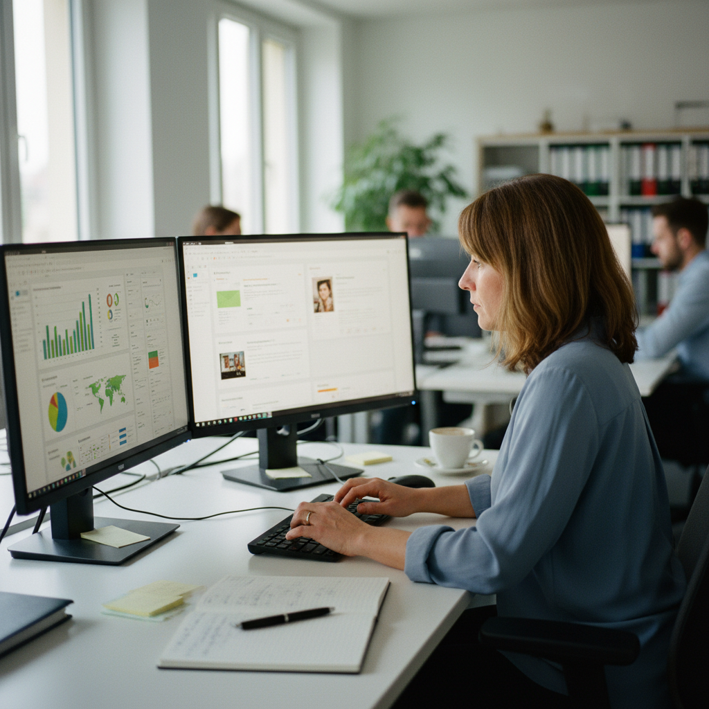 Mitarbeiterin im Büro nutzt KI Marketing Automatisierung am Computer zur Analyse von Kundendaten auf zwei Monitoren.